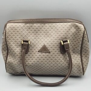 Vintage Liz Claiborne Leather Trim Satchel Brown Geometric Made in Korea 11.5 In